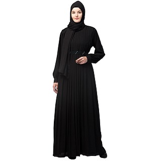 Designer pleated abaya with pearl work belts - Black